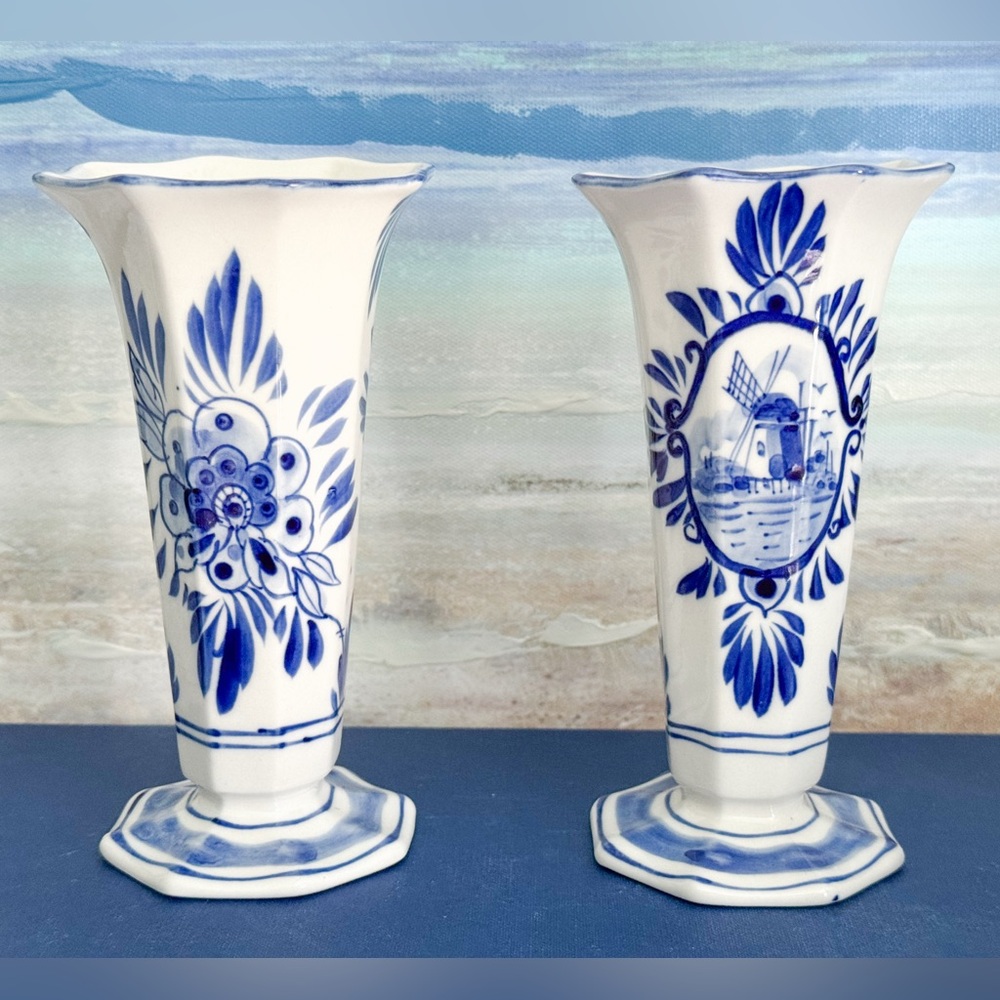 Pair of Vintage Royal Delft Hand Painted Blue White Bud Vases from Holland